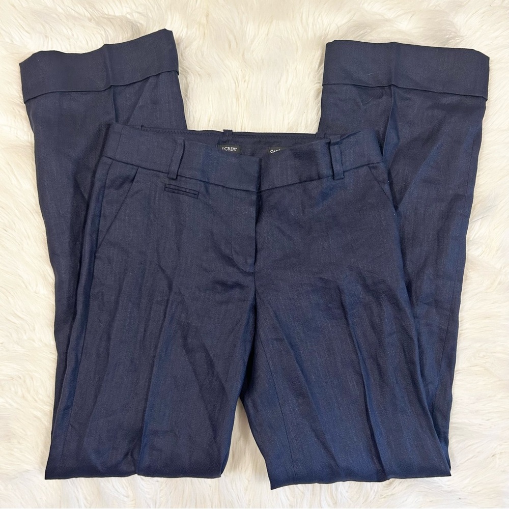 J.Crew Cafe Trouser Navy Blue Herringbone Linen Blend Wide Leg‎ Cuffed Pants 0